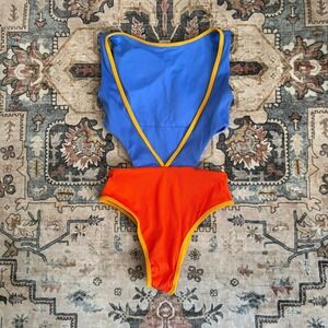 ONE ONE Blue Orange Ribbed Cutout Monokini One Piece Swimsuit XS Colorblock